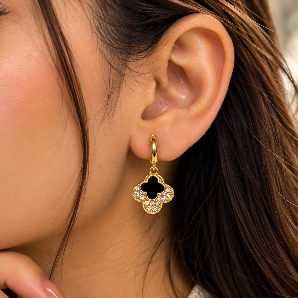 Midnight Clover Crystal Drop Earrings