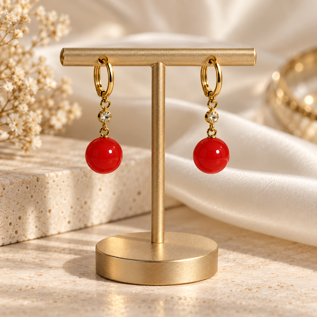 Gold-Tone Red Drop Hoop Earrings