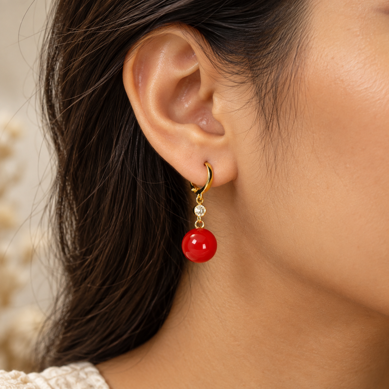 Gold-Tone Red Drop Hoop Earrings