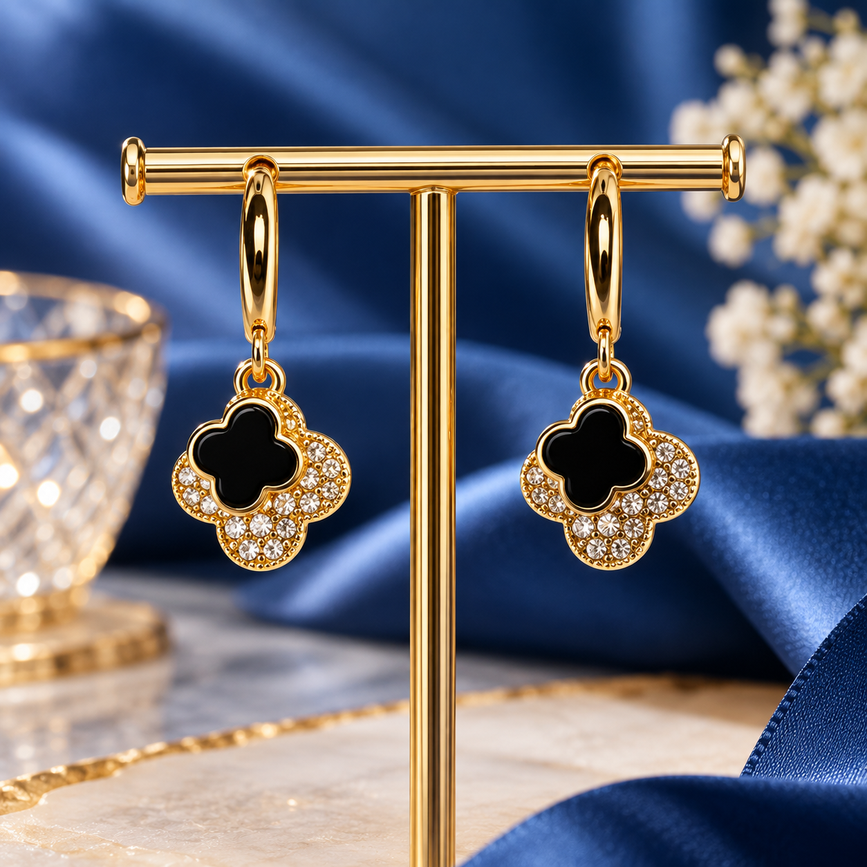Midnight Clover Crystal Drop Earrings