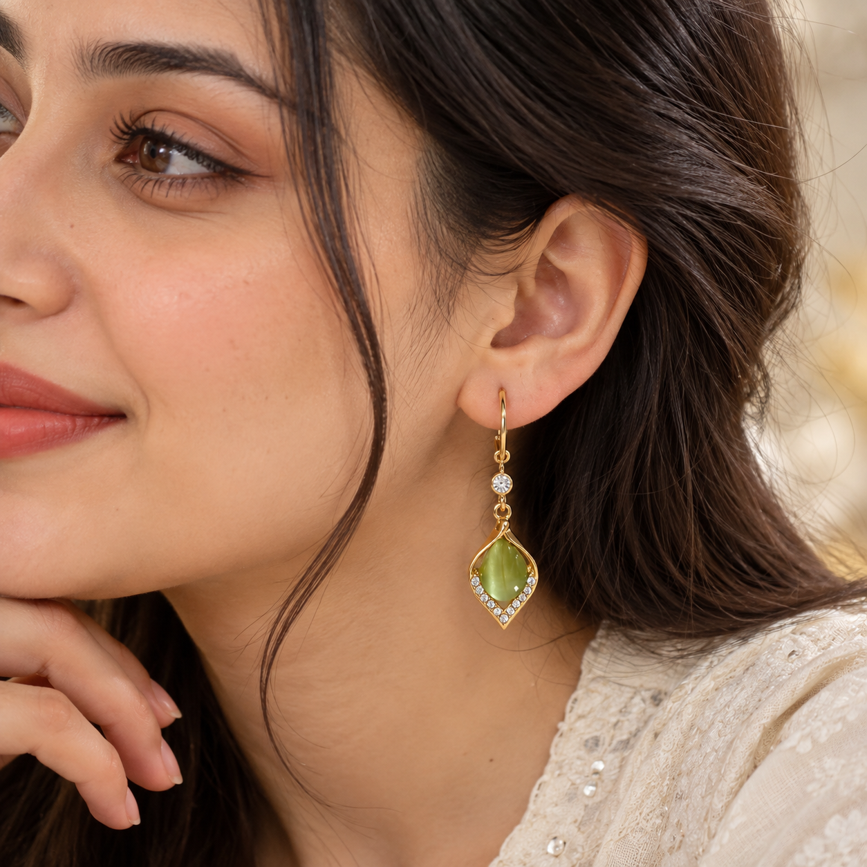 Olive Glow Crystal Teardrop Earrings