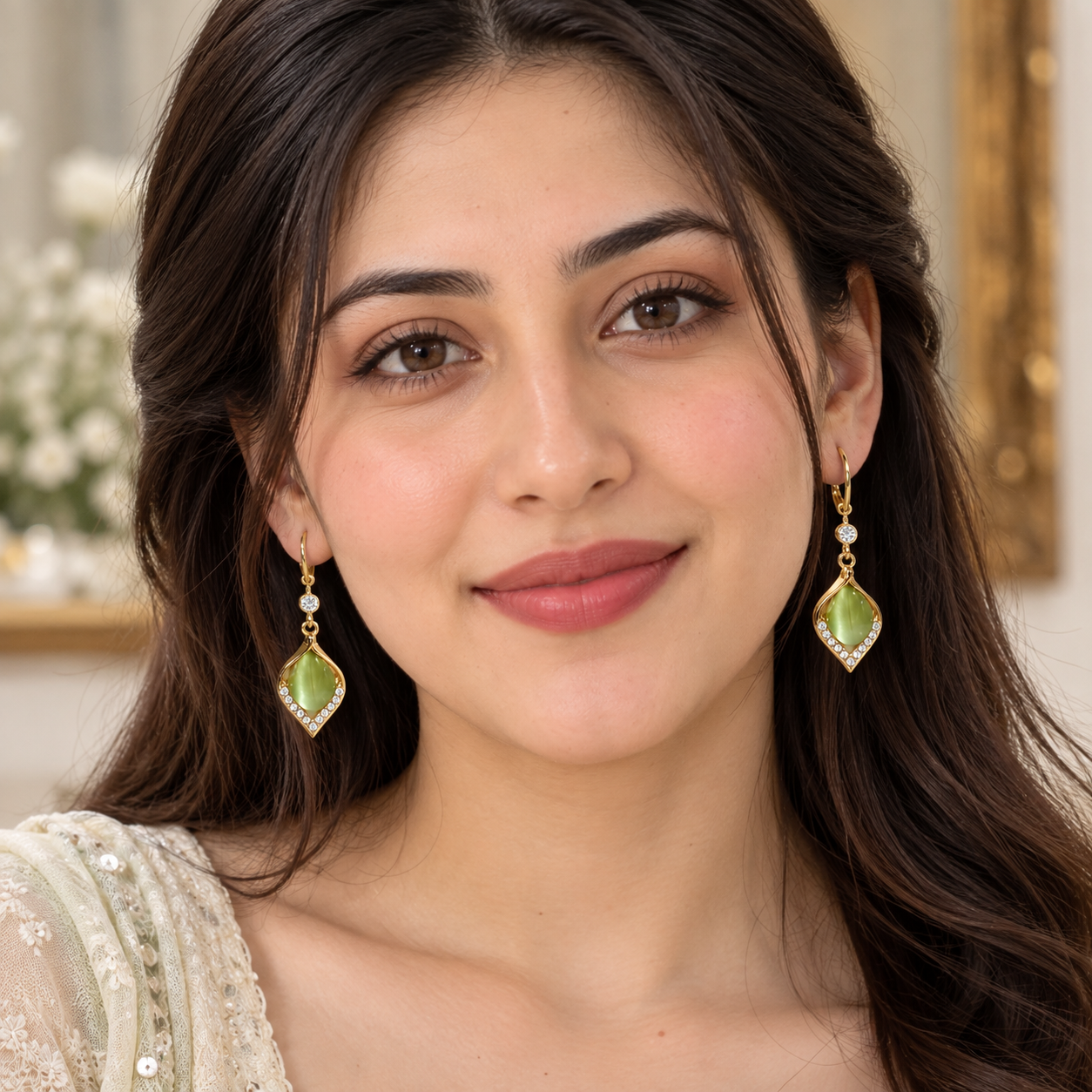 Olive Glow Crystal Teardrop Earrings