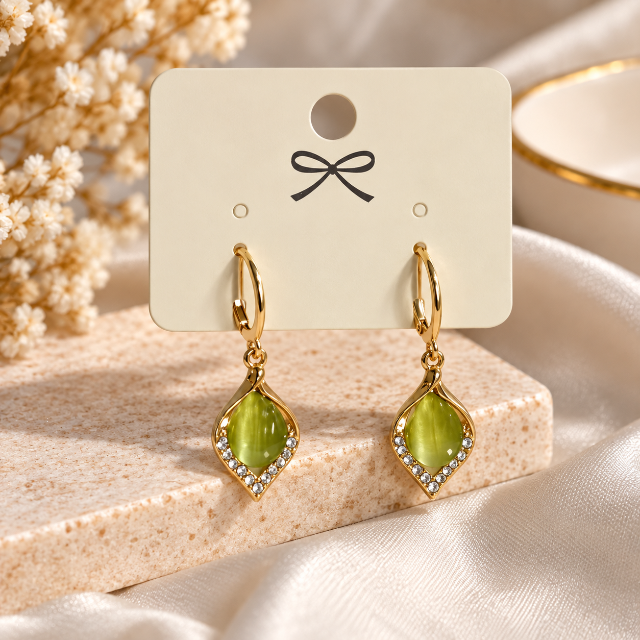 Olive Glow Crystal Teardrop Earrings