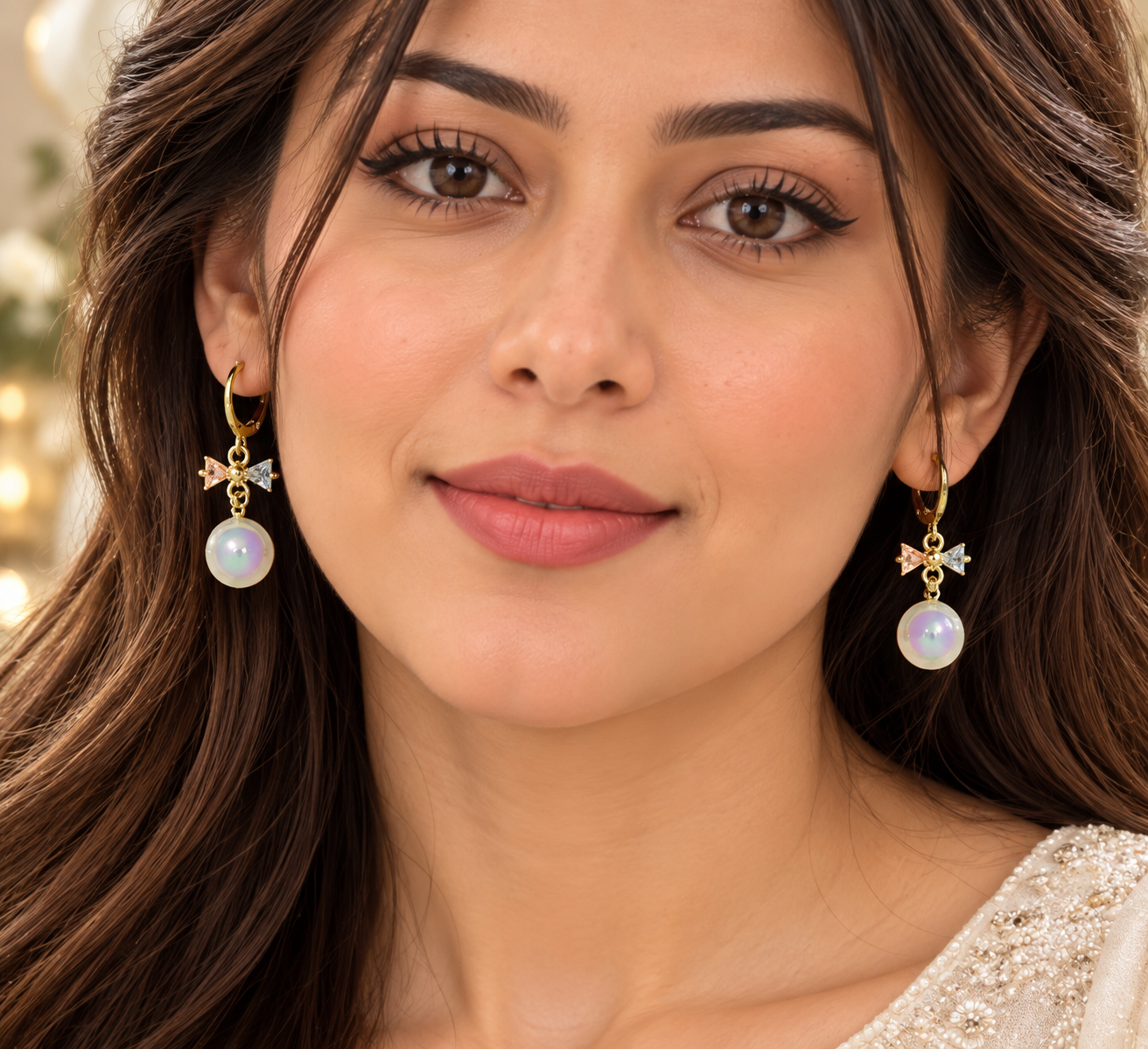 Iridescent Bow Charm Drop Earrings