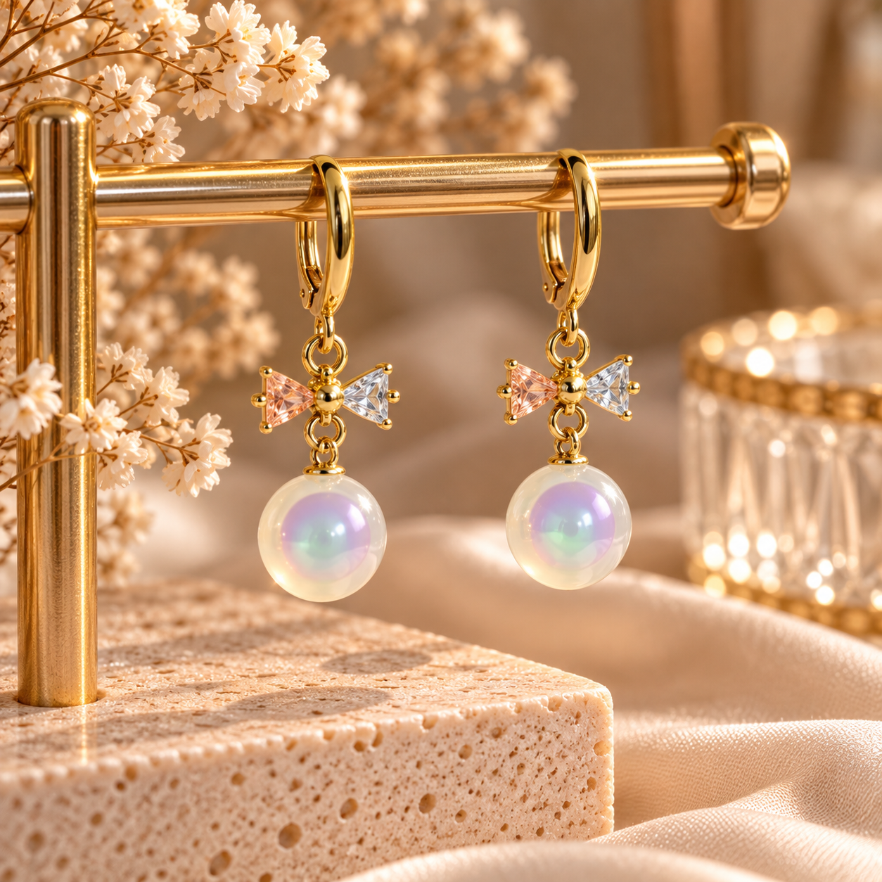 Iridescent Bow Charm Drop Earrings