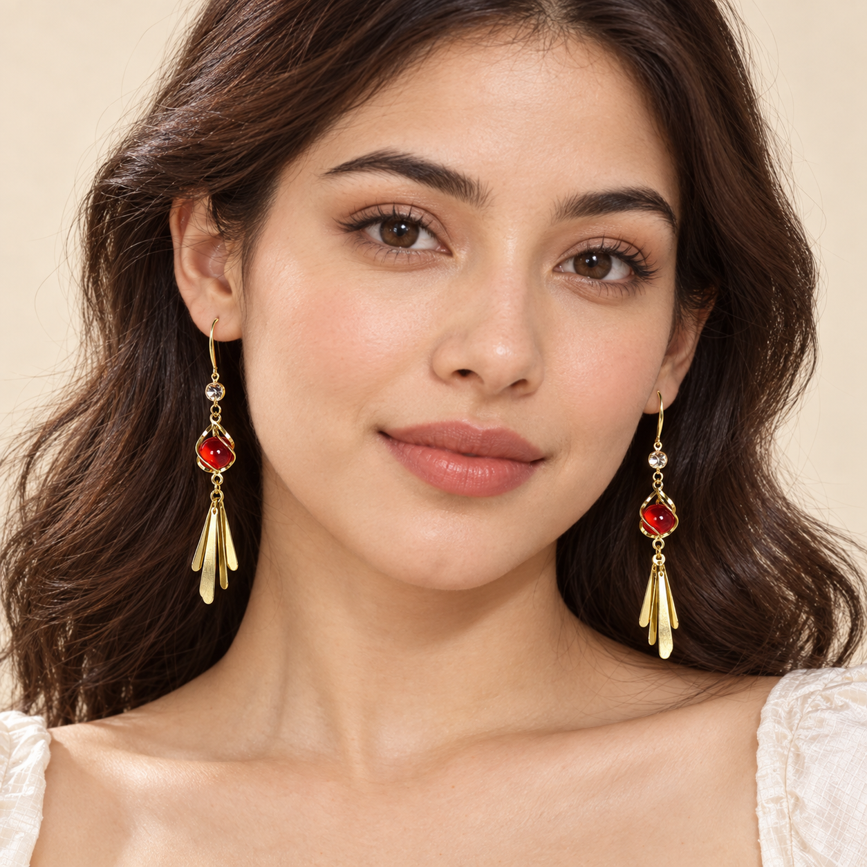 Ruby Glow Gold Tassel Drop Earrings