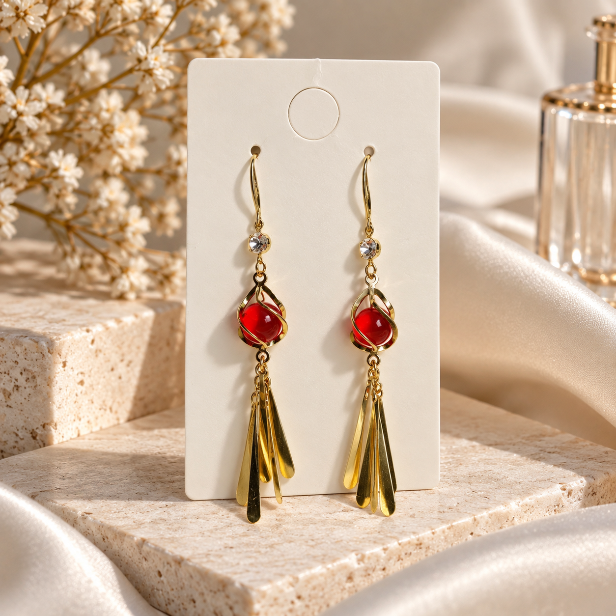 Ruby Glow Gold Tassel Drop Earrings