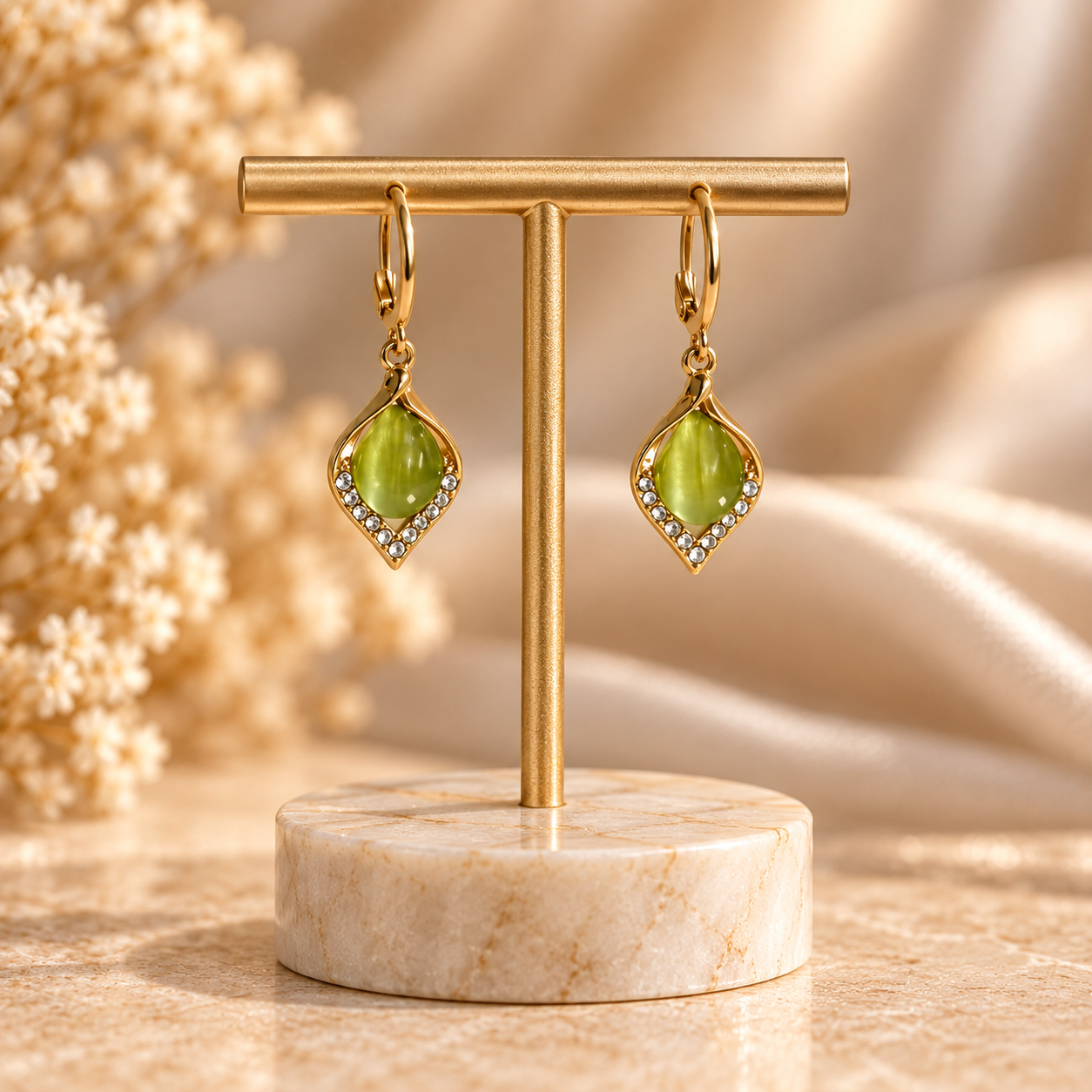 Olive Glow Crystal Teardrop Earrings