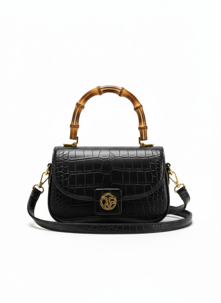 Orange Crocodile-Embossed Bag with Bamboo Top Handle