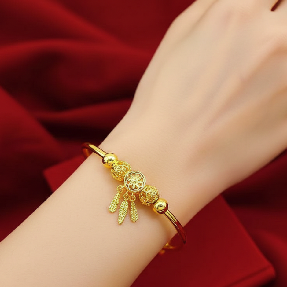 Elegant Gold Filigree Charm Bangle Bracelet