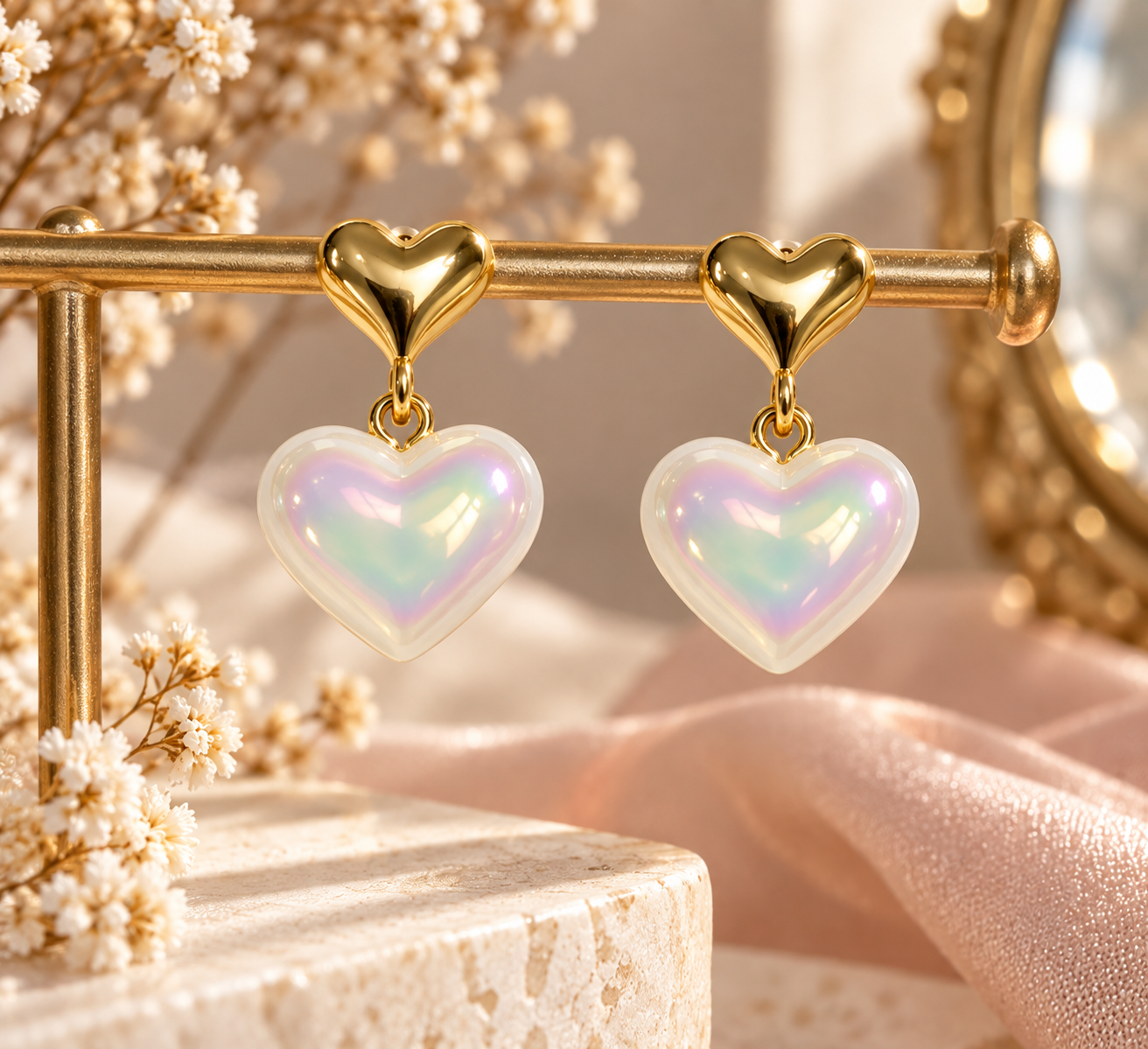 Iridescent Heart Drop Earrings
