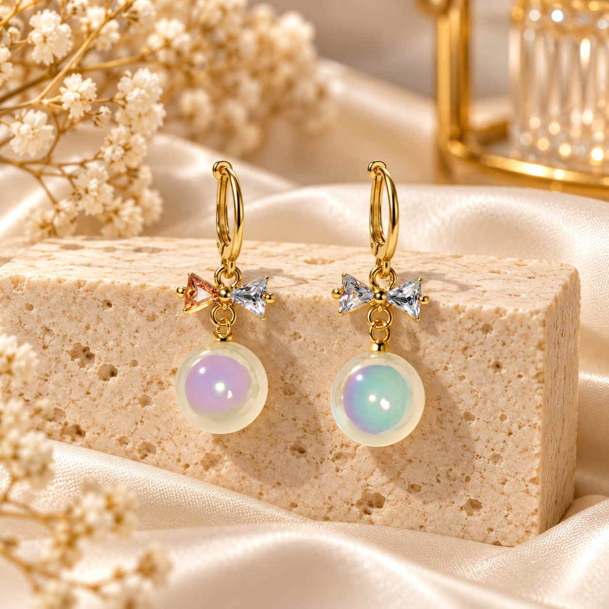 Iridescent Bow Charm Drop Earrings