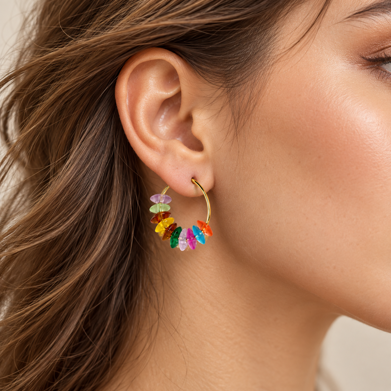 Rainbow Beaded Gold Hoop Earrings
