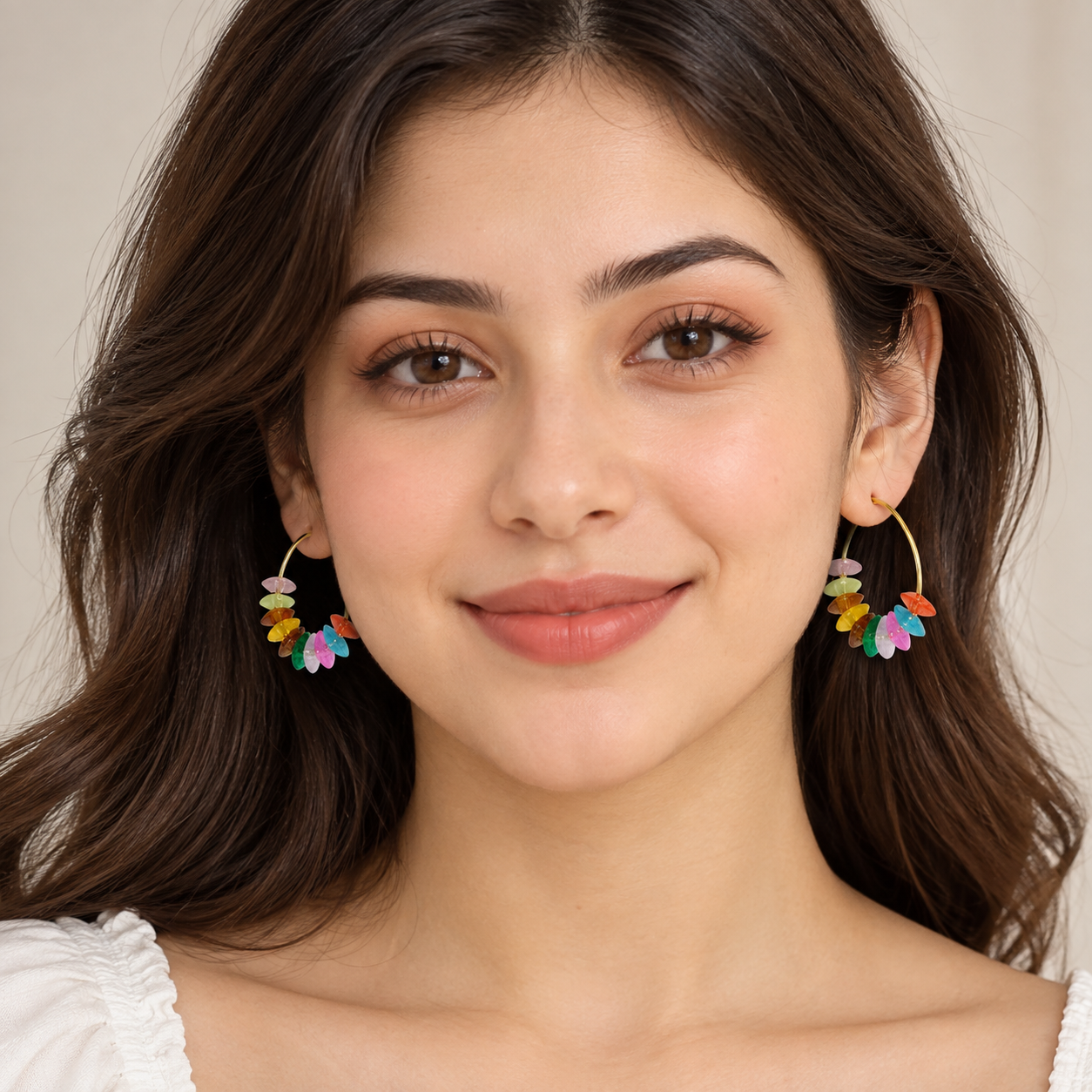 Rainbow Beaded Gold Hoop Earrings