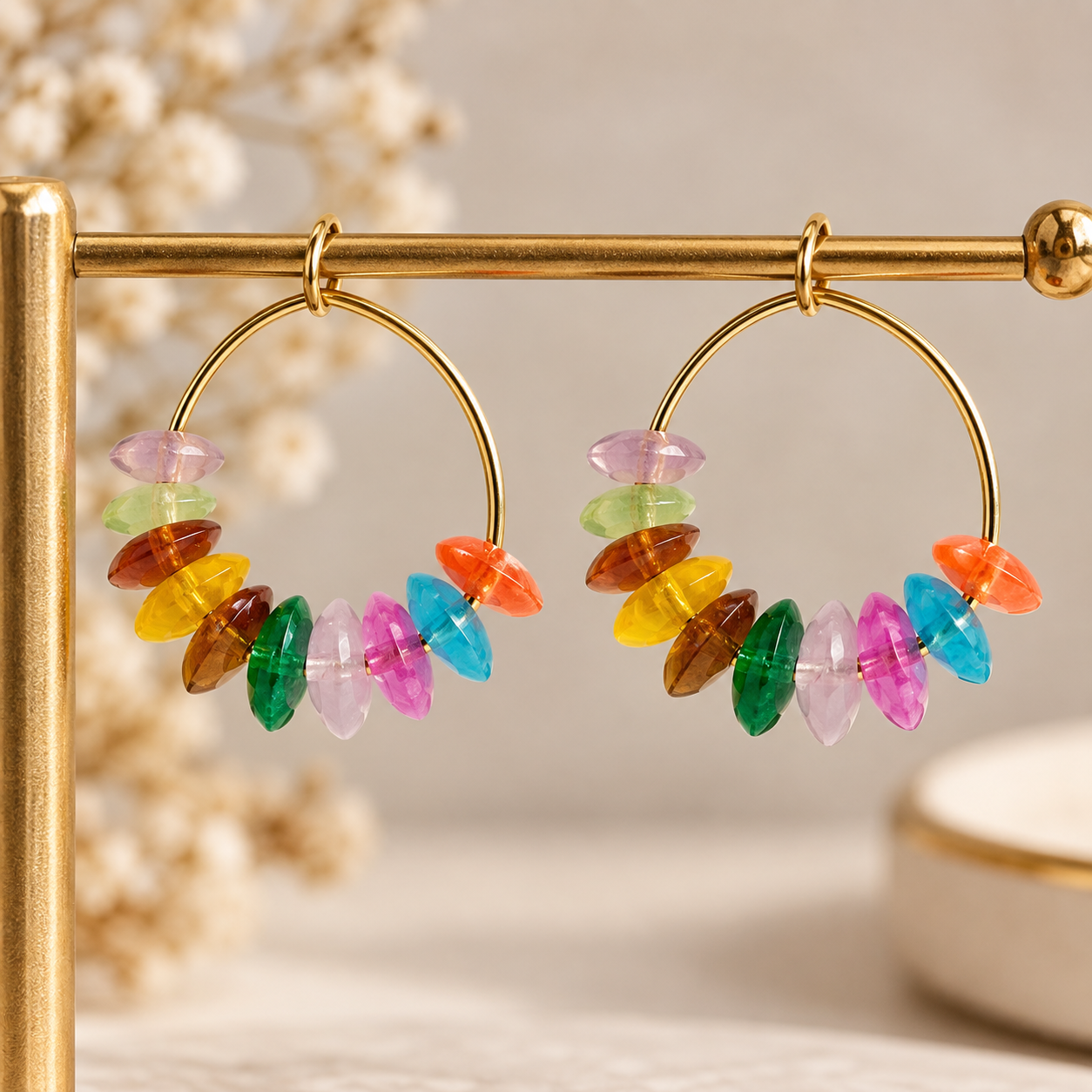Rainbow Beaded Gold Hoop Earrings