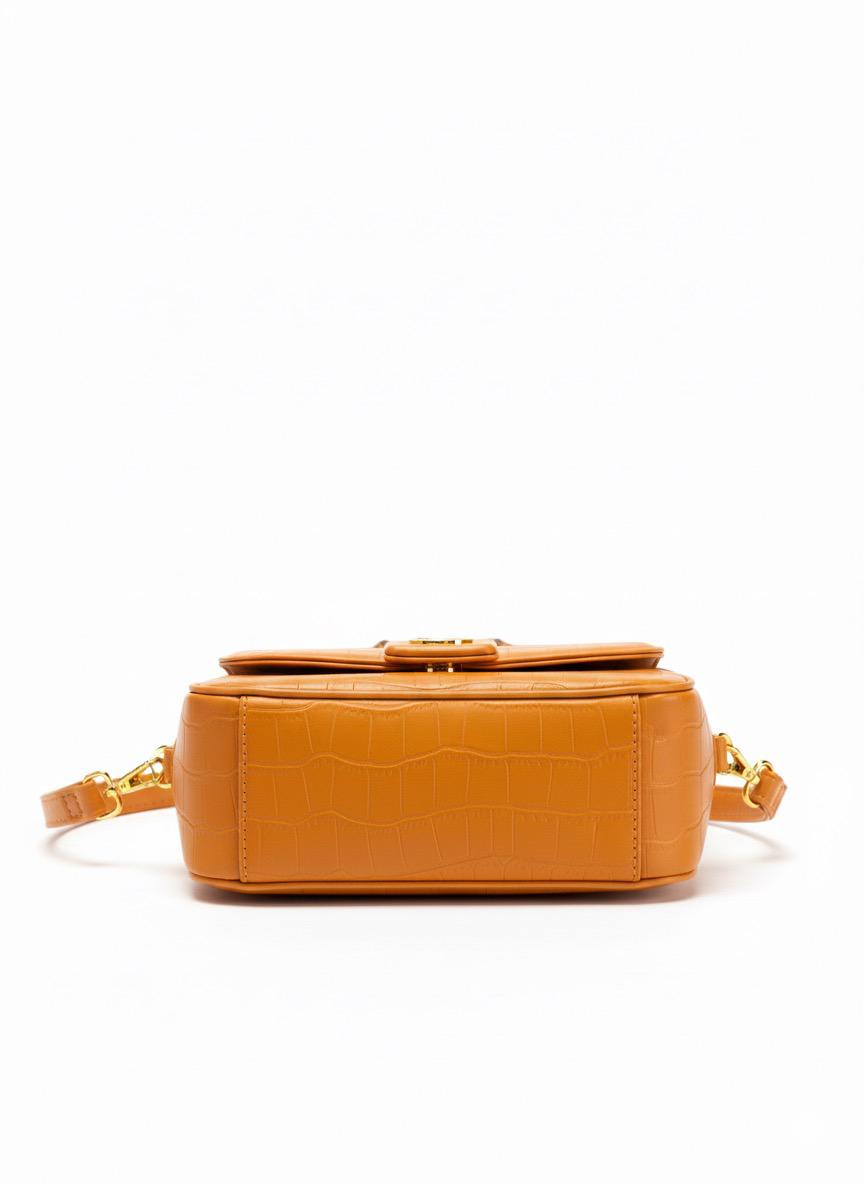Orange Crocodile-Embossed Bag with Bamboo Top Handle