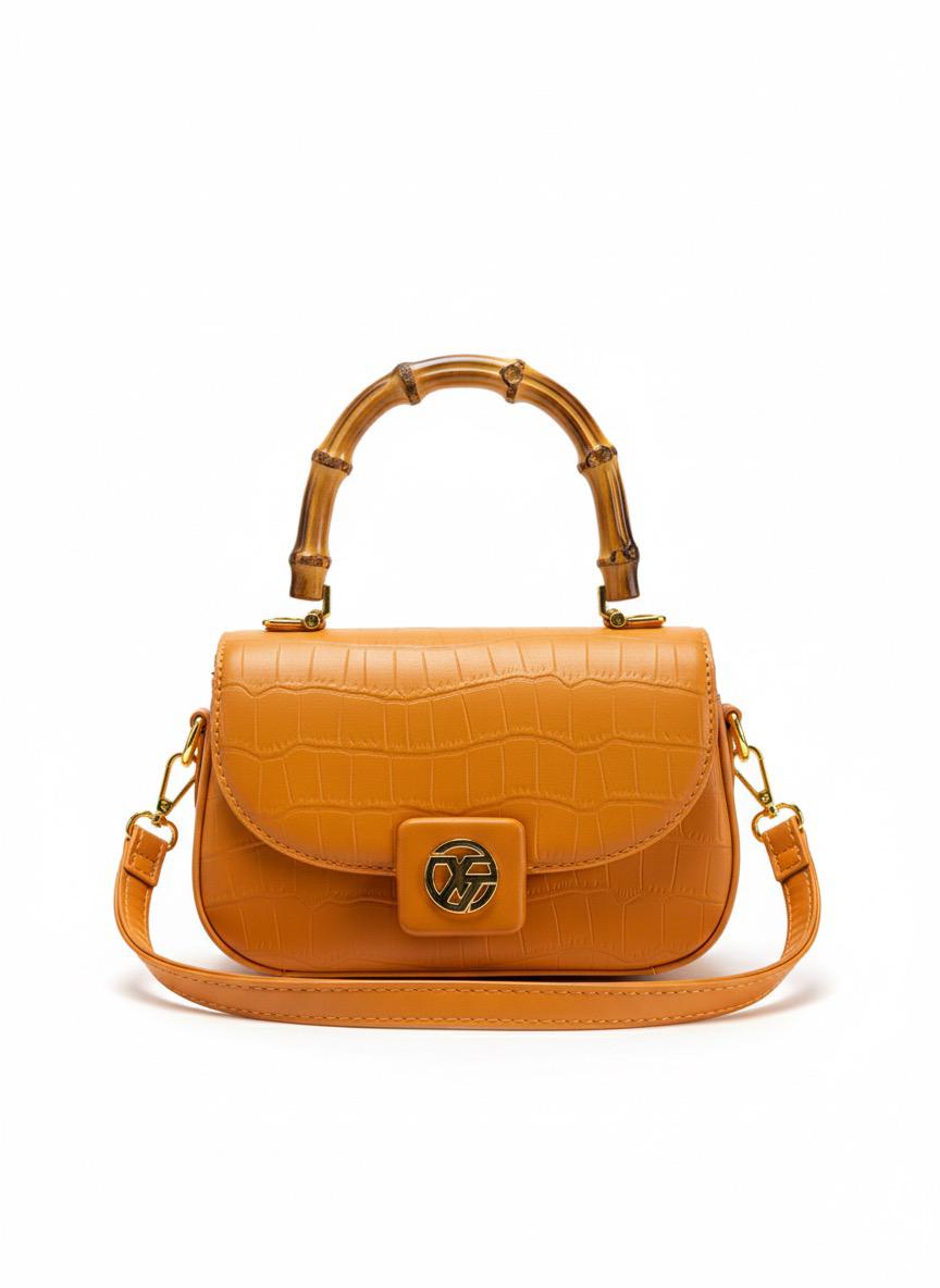 Orange Crocodile-Embossed Bag with Bamboo Top Handle