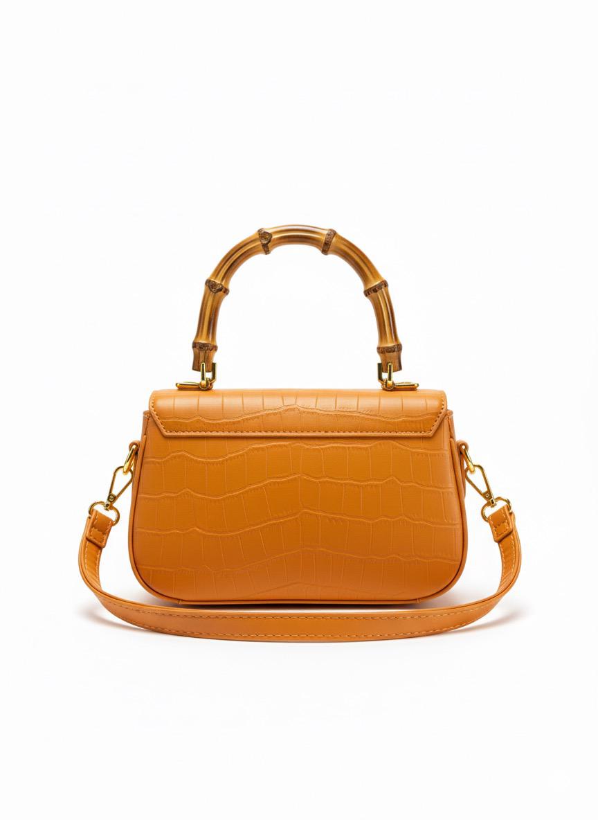 Orange Crocodile-Embossed Bag with Bamboo Top Handle