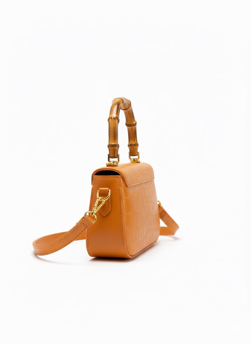Orange Crocodile-Embossed Bag with Bamboo Top Handle