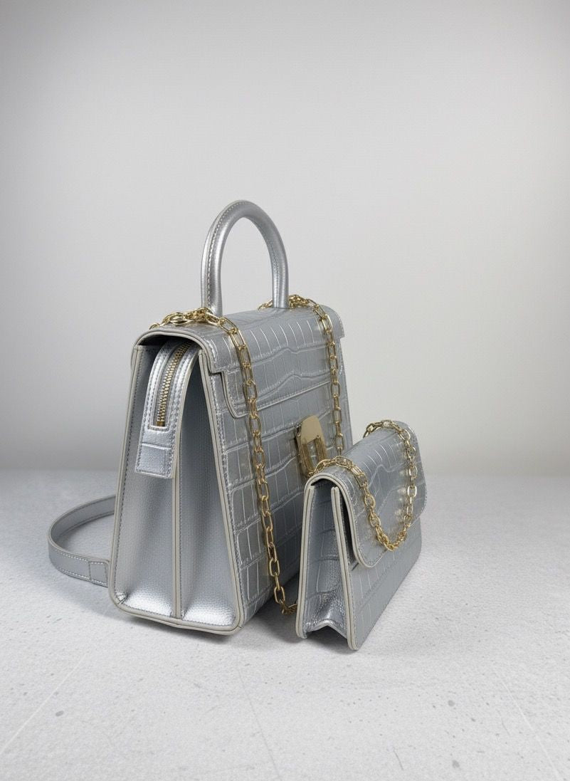 Dazzling Silver Croc-Effect Handbag Set (Set of 2)