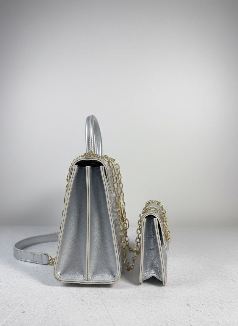 Dazzling Silver Croc-Effect Handbag Set (Set of 2)