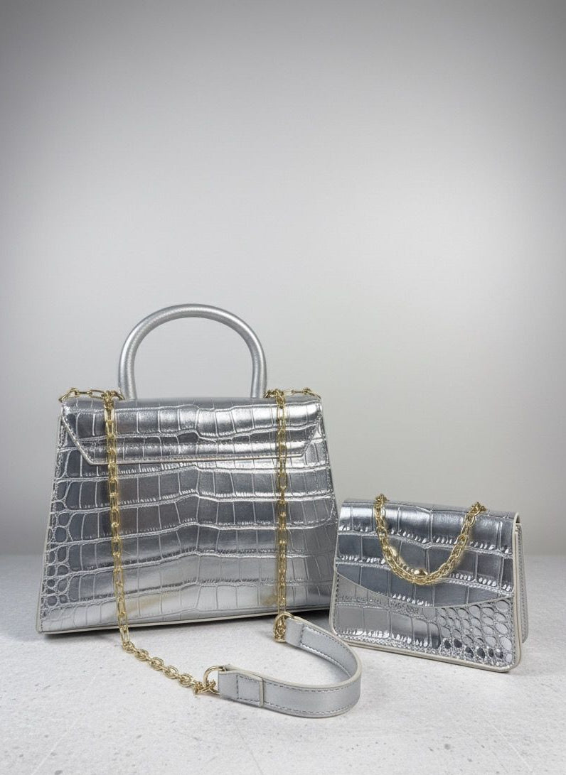 Dazzling Silver Croc-Effect Handbag Set (Set of 2)