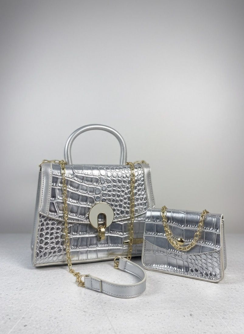 Dazzling Silver Croc-Effect Handbag Set (Set of 2)