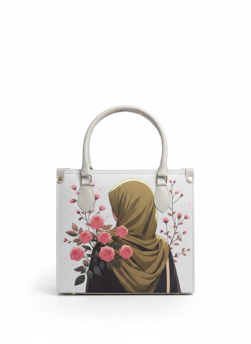Elegant Hijabi Girl & Roses Printed Tote Bag