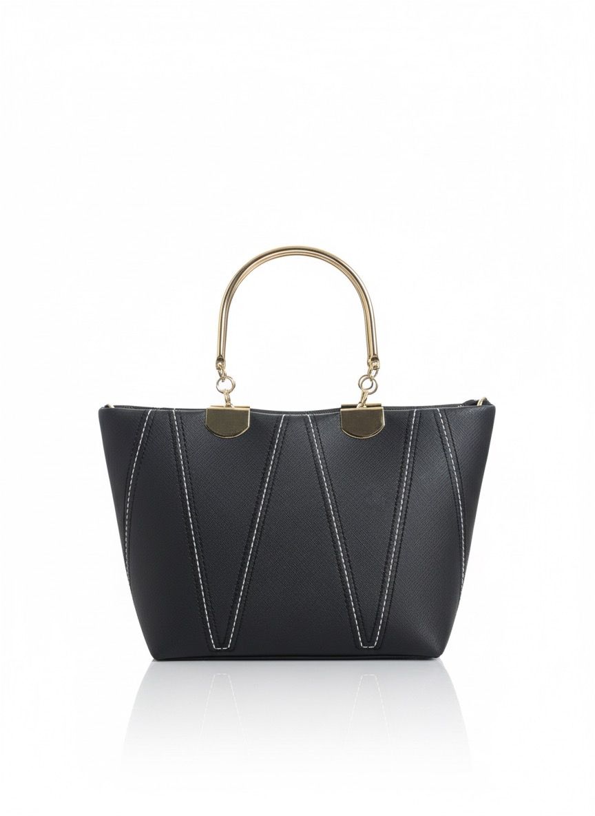 Chic Black Structured Top-Handle Bag with Contrast Stitching