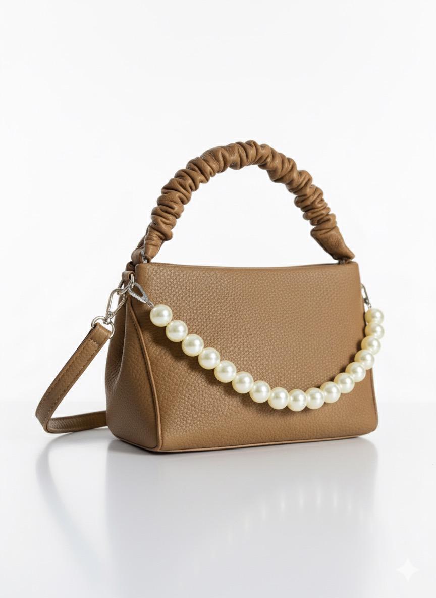 Chic Brown Ruched-Handle Bag with Pearl Chain