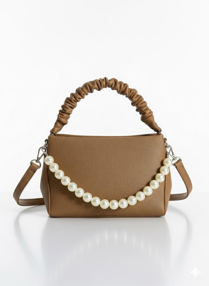 Chic Brown Ruched-Handle Bag with Pearl Chain