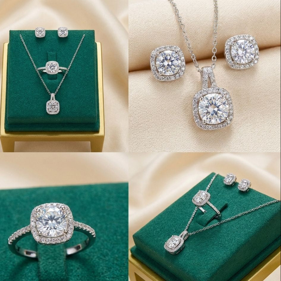 Classic Square Cushion-Cut Pave Diamond/Rhinestone Jewelry Set (Necklace, Ring, and Stud Earrings)