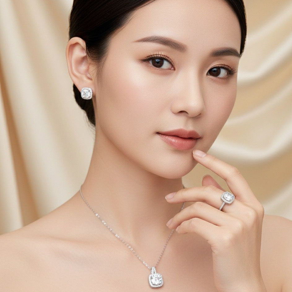 Classic Square Cushion-Cut Pave Diamond/Rhinestone Jewelry Set (Necklace, Ring, and Stud Earrings)
