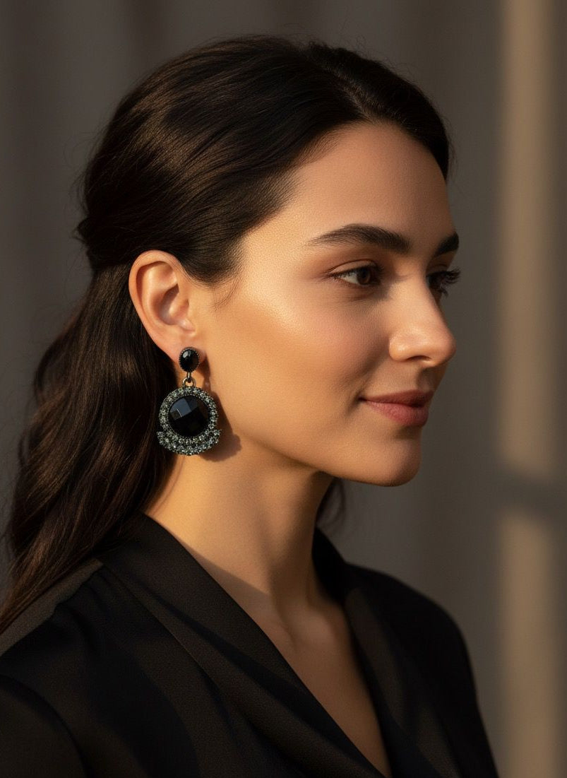 Dramatic Black and Grey Rhinestone Drop Statement Earrings