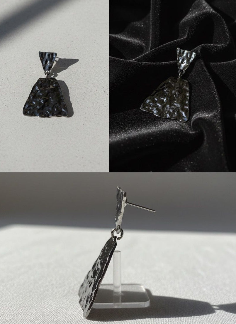 Contemporary Hammered Silver-Tone Metal Triangular Drop Earrings