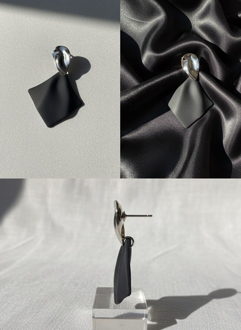 Modern Abstract Geometric Black and Silver Drop Earrings