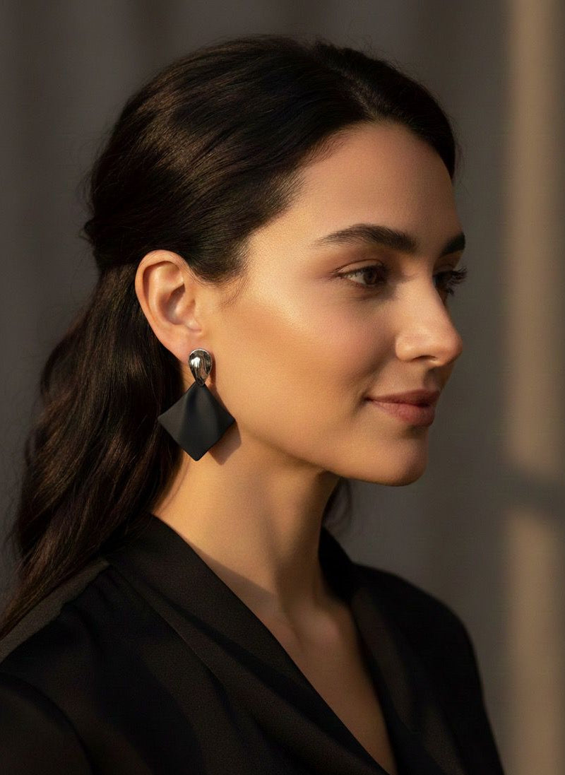 Modern Abstract Geometric Black and Silver Drop Earrings