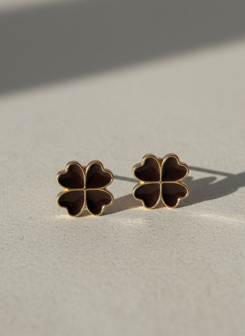 Elegant Gold-Framed Dark Brown Enamel Clover Stud Earrings