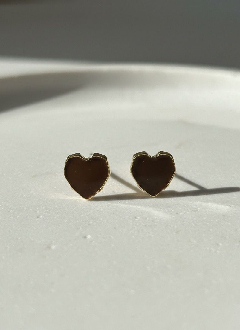Chic Gold-Trimmed Dark Enamel Heart Stud Earrings
