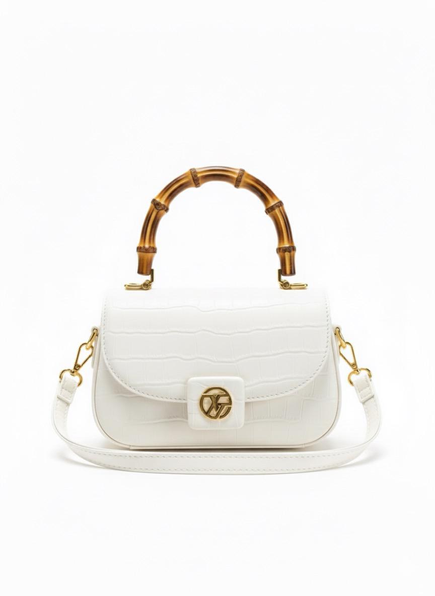 Orange Crocodile-Embossed Bag with Bamboo Top Handle