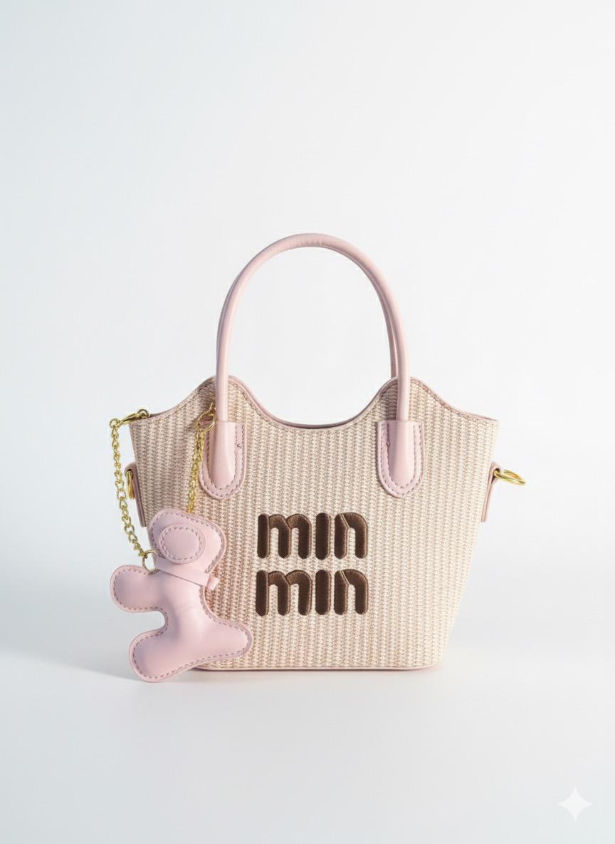 Light Blue Woven Mini Tote with Logo and Charm
