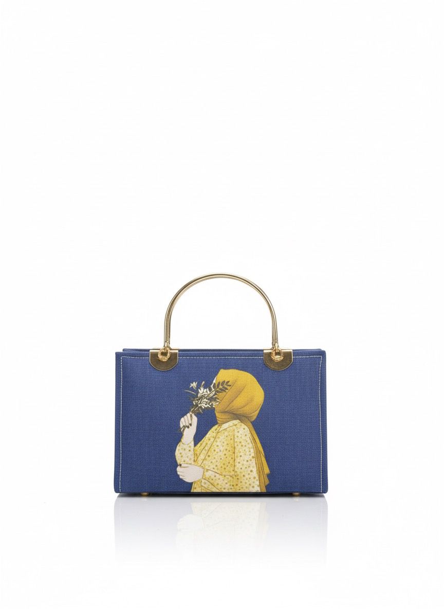 Charming Blue Denim-Effect Tote with Artistic Print