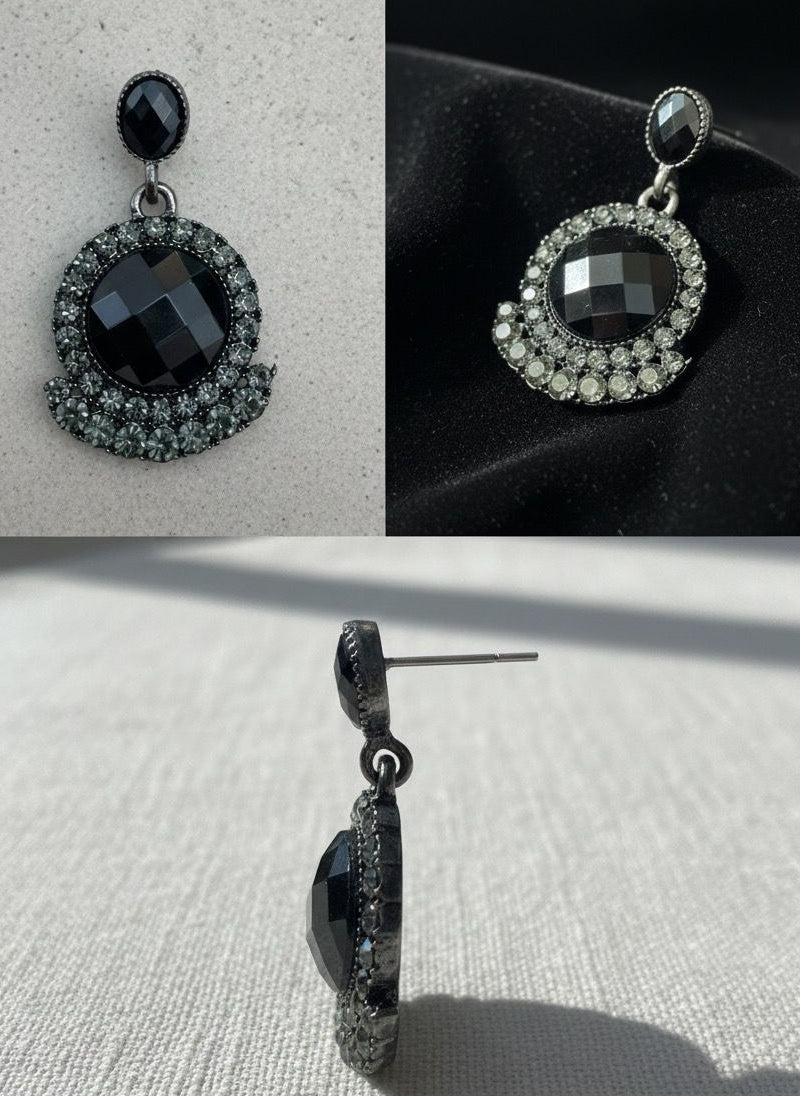 Dramatic Black and Grey Rhinestone Drop Statement Earrings